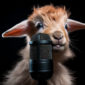 A cute baby goat with a podcasting microphone