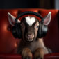 Baby goat wearing audiophile headphones, sitting in a leather chair