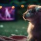 A cute baby goat watching a movie in a backyard on a mini projector