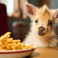 Cute goat sitting with plate of french fries.